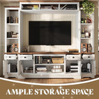 AMERLIFE 98" Farmhouse Wall Unit Entertainment Center with Bookshelves, Wine Cabinet, Fits 75" TVs, Rustic Media Console for Living Room, Large TV Stand with Power Outlets & Barn Door, Off-White