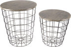 Lavish Home Round End Tables - Nesting Tables Set of 2, Gray/Black | 17.5”/15.5” Side Tables with Removable Wood Tops & Metal Basket Bases for Blanket Storage, Living Room, Bedroom & Home Office