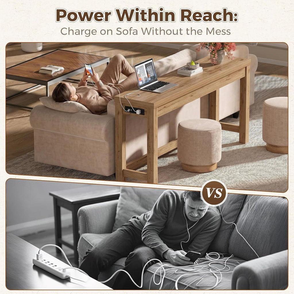 Cyclysio 63" Console Table with Charging Station, 13.8" Deep Farmhouse Sofa Table Behind Couch with 2 AC Outlets & 3 USB Ports, Long Entryway TV Console or Home Office Desk, Natural Oak