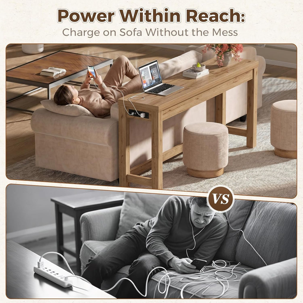 Cyclysio 63" Console Tables for Entryway, Long Console Tables for Living Room, Behind Couch Table, Sturdy Wood Support Farmhouse Entryway Table with 3AC+2USB Charging‌ Station, Natural Oak