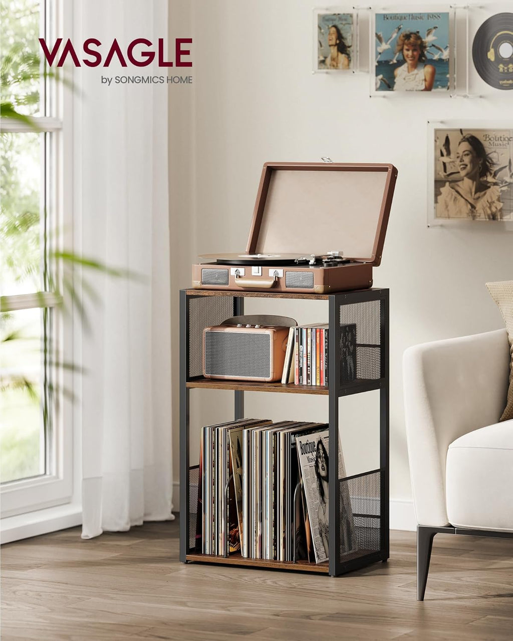VASAGLE Record Player Stand, 3-Tier Side Table, Vinyl Record Storage up to 100 Albums, End Table for Living Room, Bedroom, Rustic Brown ULET275K01
