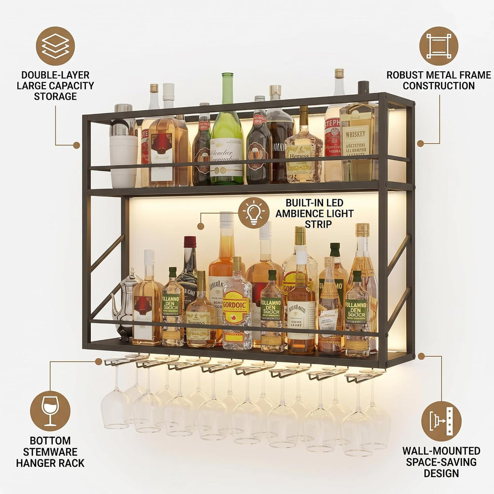 2-Tier Wall Mounted Wine Rack with LED, 31.5”W x 7.8”D x 26”H | Metal Bar Liq...