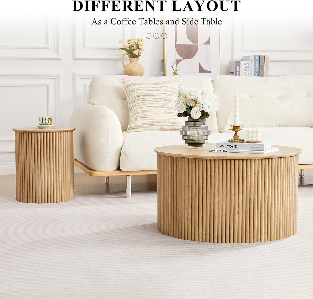 Fluted Round Nesting Coffee Table Set of 2 Circle Center Tables Living Room |...