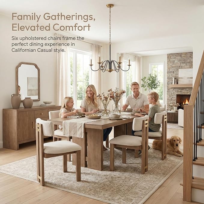 HNY Modern Farmhouse Linen Dining Chairs Set of 6, Beige Fabric Upholstered Dining Room Kitchen Chairs with Natural Wood Frame & Curved-Back, Armless Accent Wood Chairs for Dining Living Room