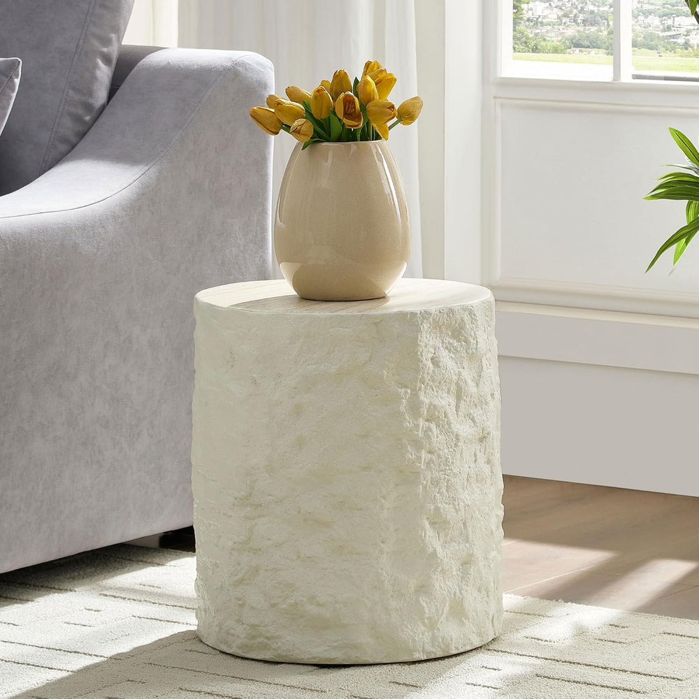 Round Side Table End Table for Living Room, Modern Contemporary Faux Stone St...