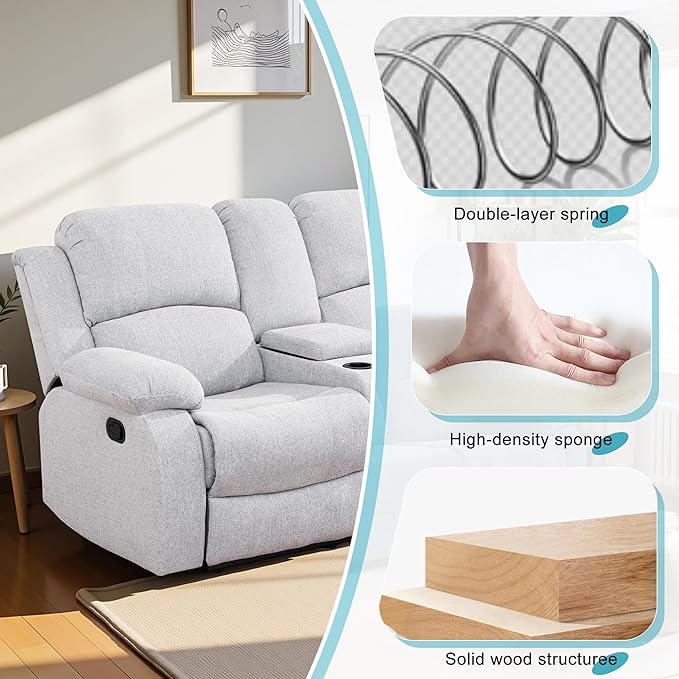 Recliner Sofa Set Couches for Living Room Chair Line Fabric Living Room Furniture Sets, Adjusted Loveseat Reclining Couch Furniture Sofa Set for Theater Seating, Grey White