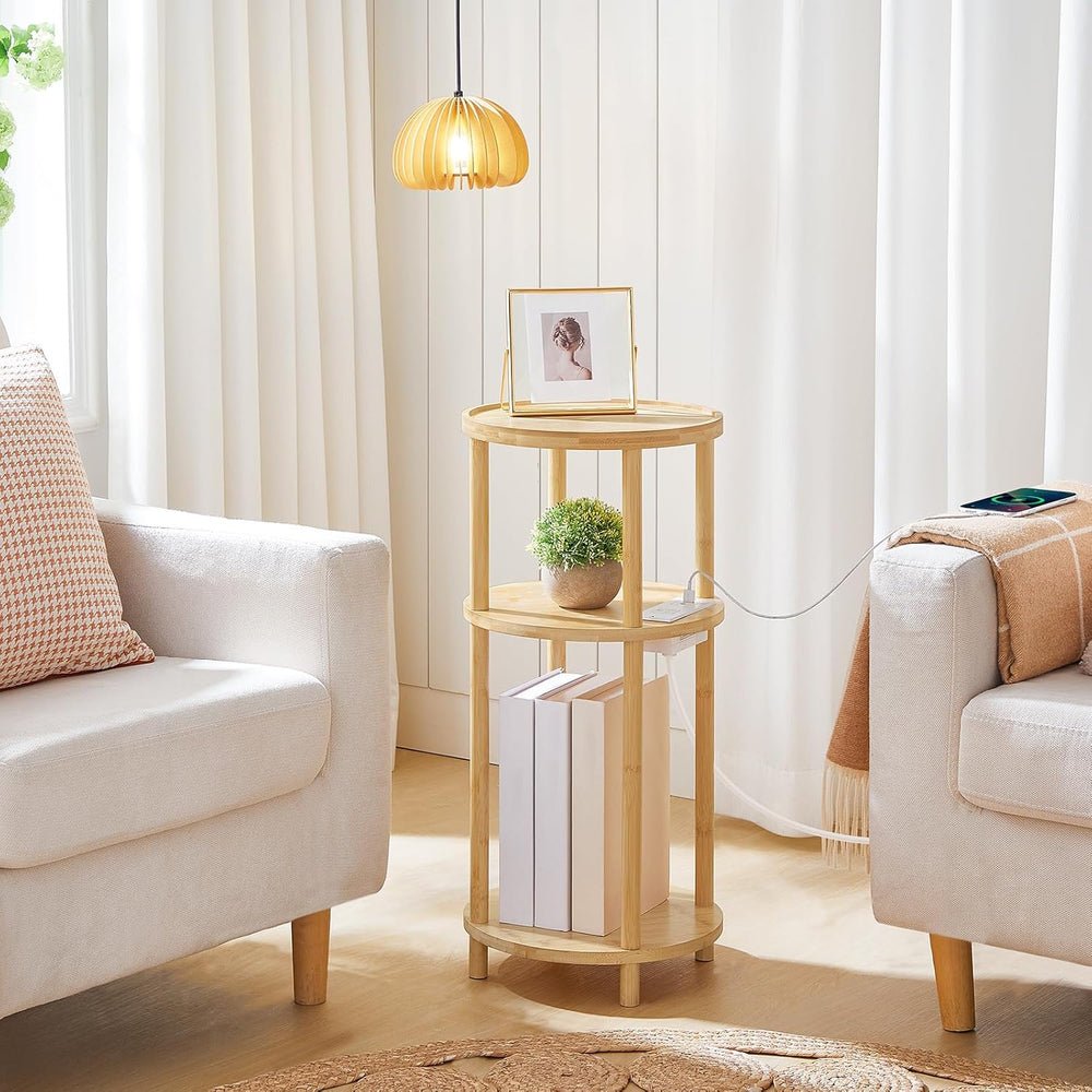 HOOBRO Small Round Side Table with Charging Station, 3-Tier Round Bamboo End ...