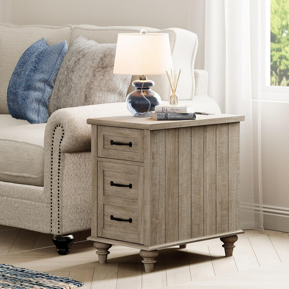 WAMPAT 2 Pack End Tables with Charging Station, Farmhouse Side Table with Dra...