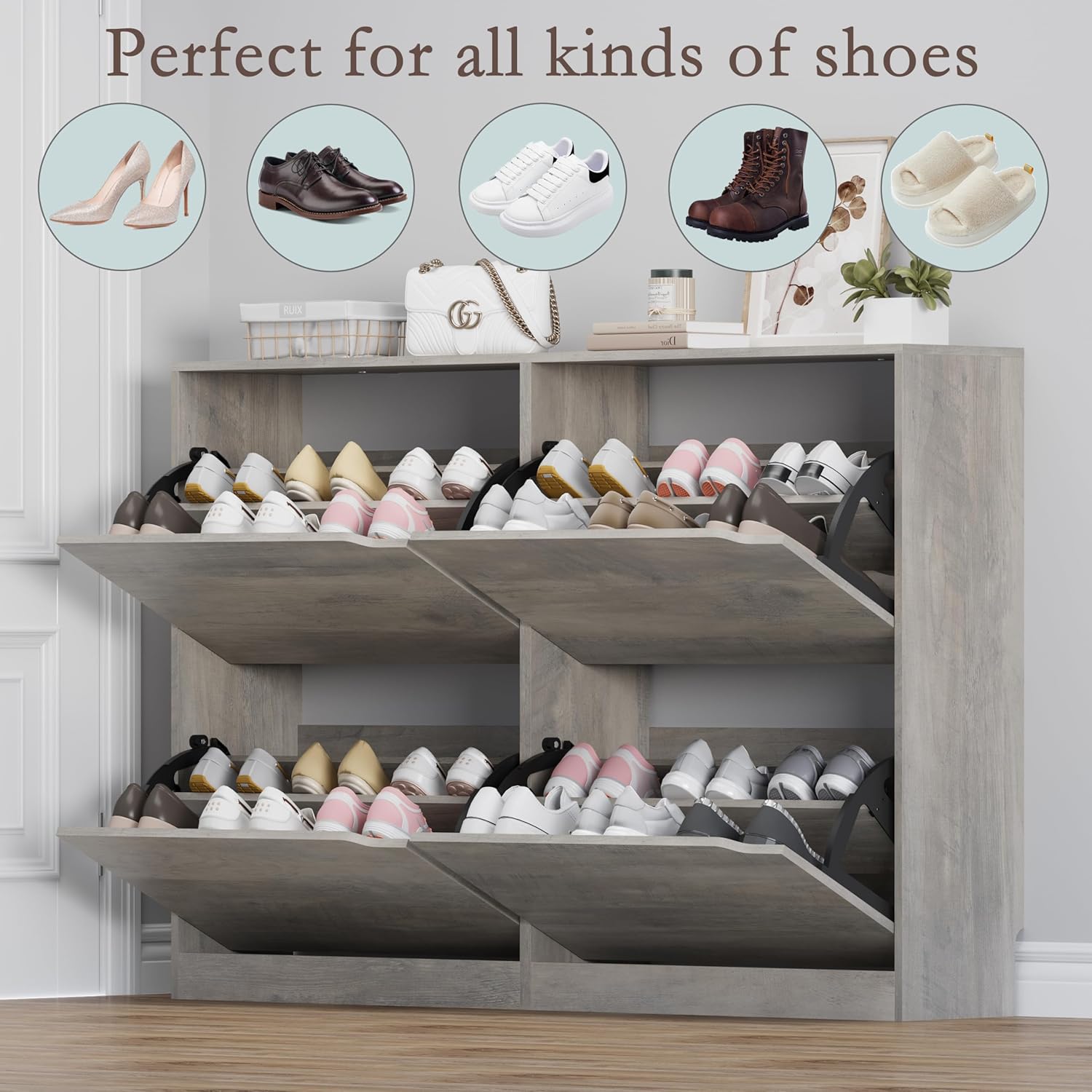 Shoe Cabinet with 4 Flip Drawers, Narrow Hidden Shoe Storage Cabinet, Slim Freestanding Shoe Rack Organizer for Entryway, Hallway, Bedroom, Living Room