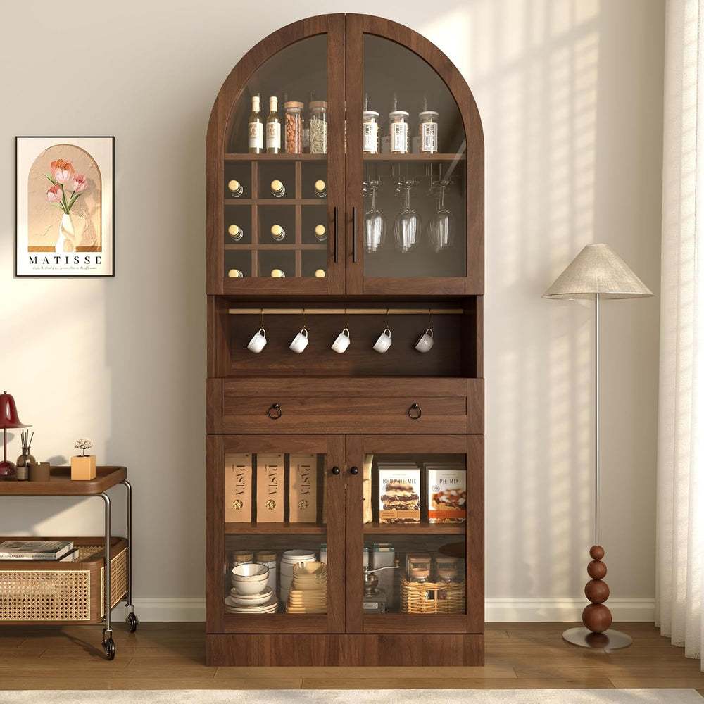 Merax 70" Tall Arched Farmhouse Pantry Cabinet with Glass Doors, Walnut ...