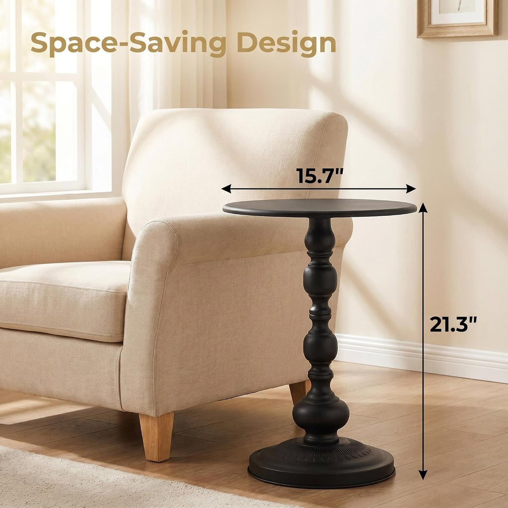 End Table, Set of 2, Pedestal, Metal, Black, for Living Room & Small Spaces | Vintage Black Metal Accent End Tables for Living Room, Small Round Drink Tables for Sofa Bedside Corner Small Spaces