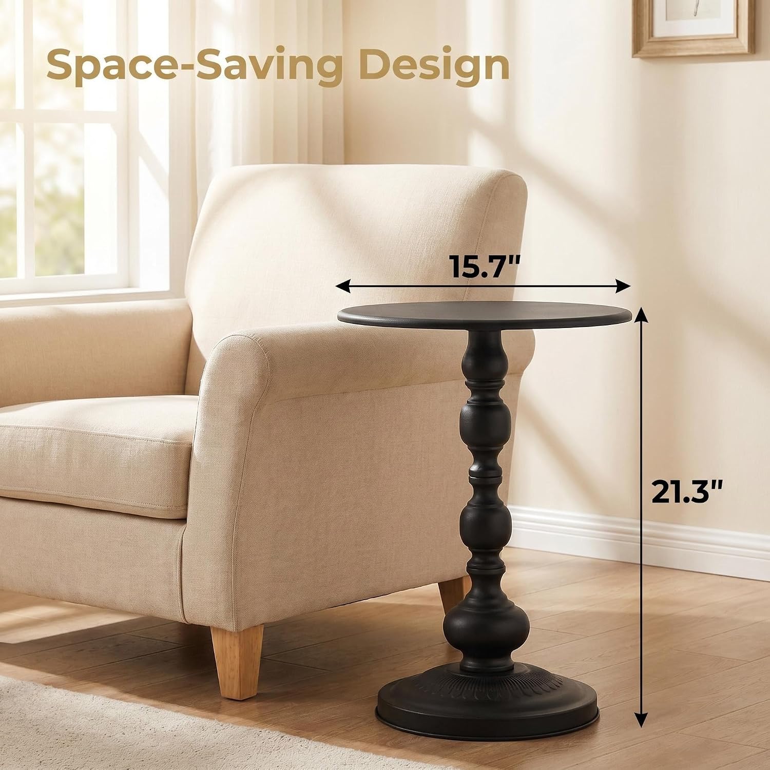 End Table, Set of 2, Pedestal, Metal, Black, for Living Room & Small Spaces | Vintage Black Metal Accent End Tables for Living Room, Small Round Drink Tables for Sofa Bedside Corner Small Spaces