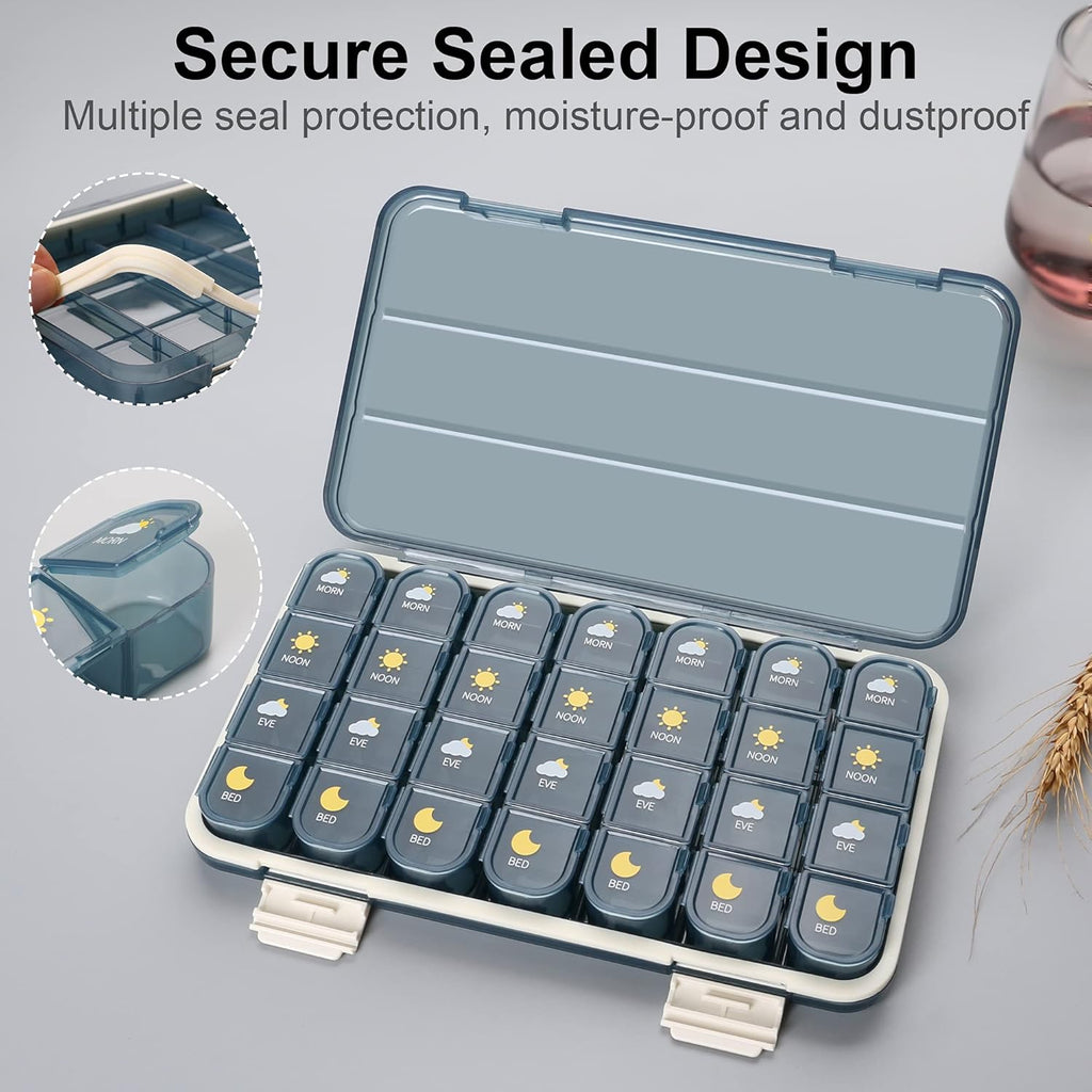 Pill Organizer 4 Times A Day, Pill Box 4 Times A Day 7 Day - Acedada Weekly Medicine Box Organizer with Separate Case, Portable Daily Pill Container Dispenser for Vitamin, Fish Oils, Supplements, Blue