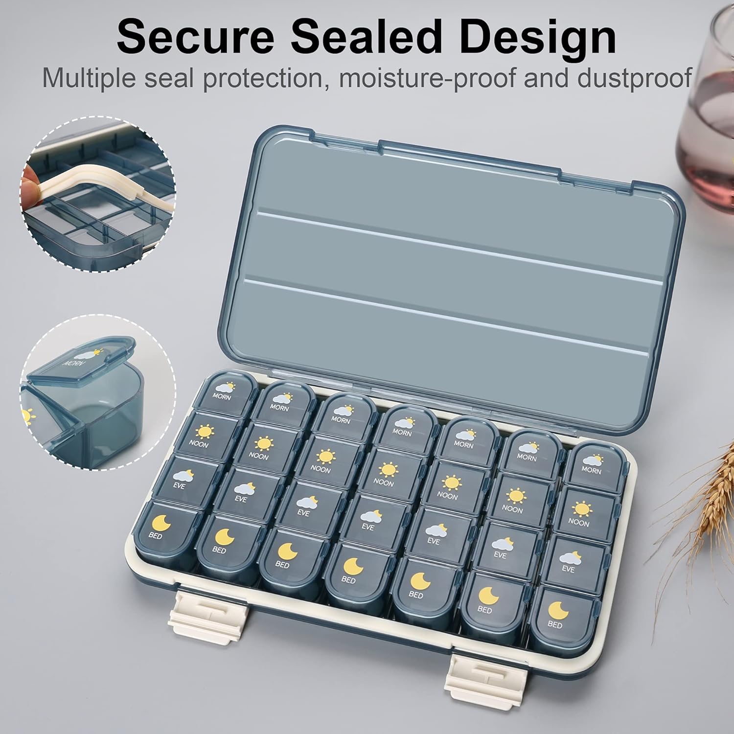 Pill Organizer 4 Times A Day, Pill Box 4 Times A Day 7 Day - Acedada Weekly Medicine Box Organizer with Separate Case, Portable Daily Pill Container Dispenser for Vitamin, Fish Oils, Supplements, Blue