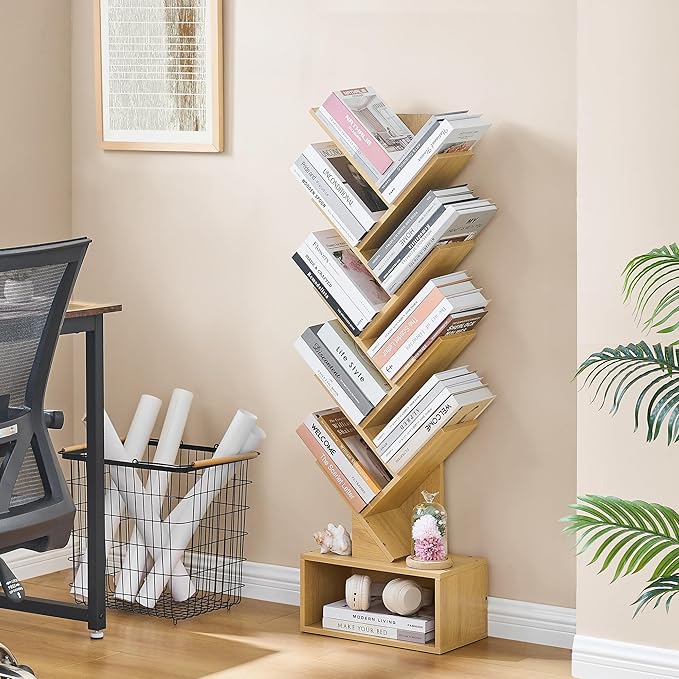 Hoctieon 9 Tier Tree Bookshelf, Tall Bookcase with Drawer, Wood Book Shelf, Modern Floor Standing Bookshelves, Book Organizer Shelves for Bedroom, Living Room, Home Office, Yellow