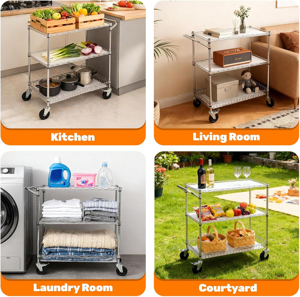 3-Tier Rolling Cart, Utility Metal Wire Cart, 30" D x 18" W x 35&qu...
