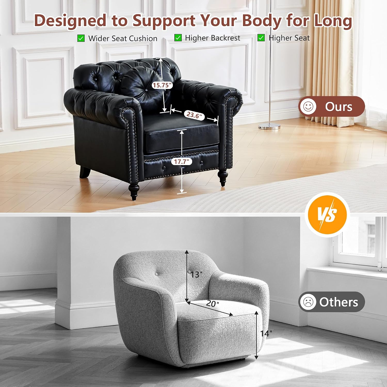 Chesterfield Chair, High Back Modern Faux Leather Couch with Button Tufted, Nailhead Trim, Rolled Arms, Extra Round Cushion – Classic Couch for Living Room, Lounge, or Office, Black