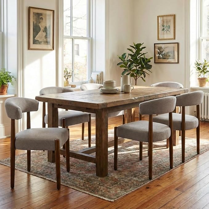 VKNOW Wooden Dining Chairs Set of 4, Modern Upholstered Dining Room Chairs with Walnut Wood Legs and Curved Backrest, Fabric Kitchen Chairs for Farmhouse/Living Room/Dining Room, Brown