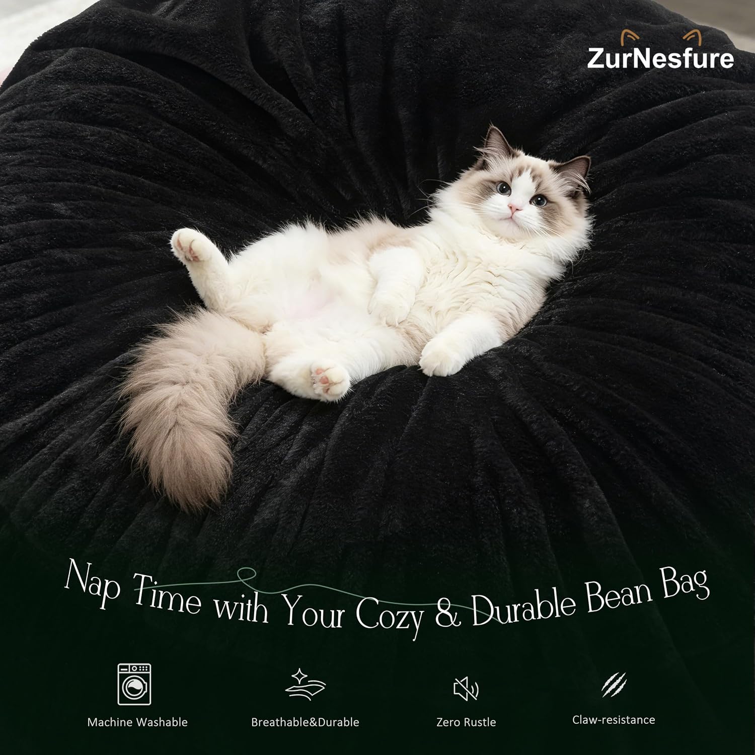 ZurNesfure Bean Bag Chair for Adults, 3FT Giant Bean Bag with Filler & Machine Washable Cover, Fluffy Bean Bag Chairs Oversized Beanbag Lounge Chair for Living Room, Bedroom Dorm (Black, Medium)