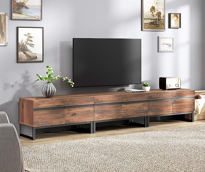 WAMPAT 3-in-1 Modern TV Stand for Up to 110 Inch TVs, Large Wood Entertainment Center Media Console with Storage Cabinets and Metal Base for Living Room, Brown