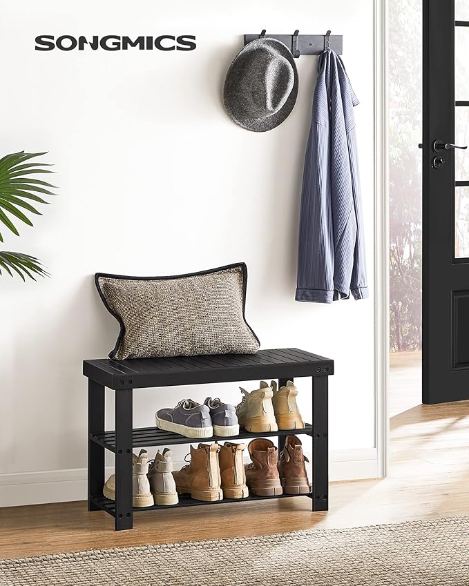 SONGMICS Shoe Rack Bench, 3-Tier Bamboo Shoe Storage Organizer, Entryway Bench, Holds Up to 286 lb, 11.3 x 27.6 x 17.8 Inches, for Entryway Bathroom Bedroom, Ink Black ULBS04H