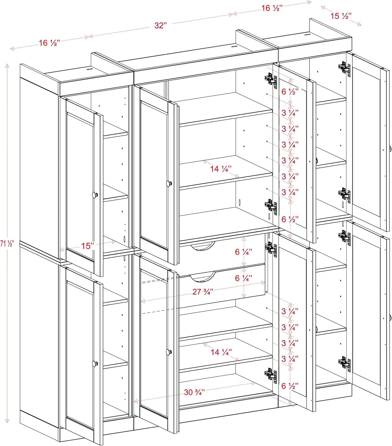 Palace Imports Solid Wood Kitchen Pantry Cabinet – 71.5" Tall x 65" Wide - Wooden Storage Cabinet w/ 8 Shaker Doors, 2 Drawers & 12 Adjustable Shelves – Yellow, 100% Eco-Friendly Wood, Made in Brazil