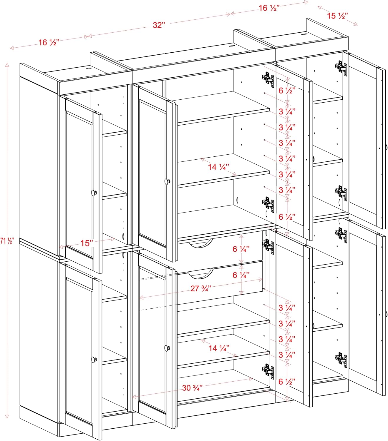 Palace Imports Solid Wood Pantry Cabinet - 71.5" Tall, 65" Wide - Wooden Storage Cabinet w/ 2-Drawer Kit & Adjustable Shelves - Beige, Renewable Eco-Friendly 100% Wood, Made in Brazil