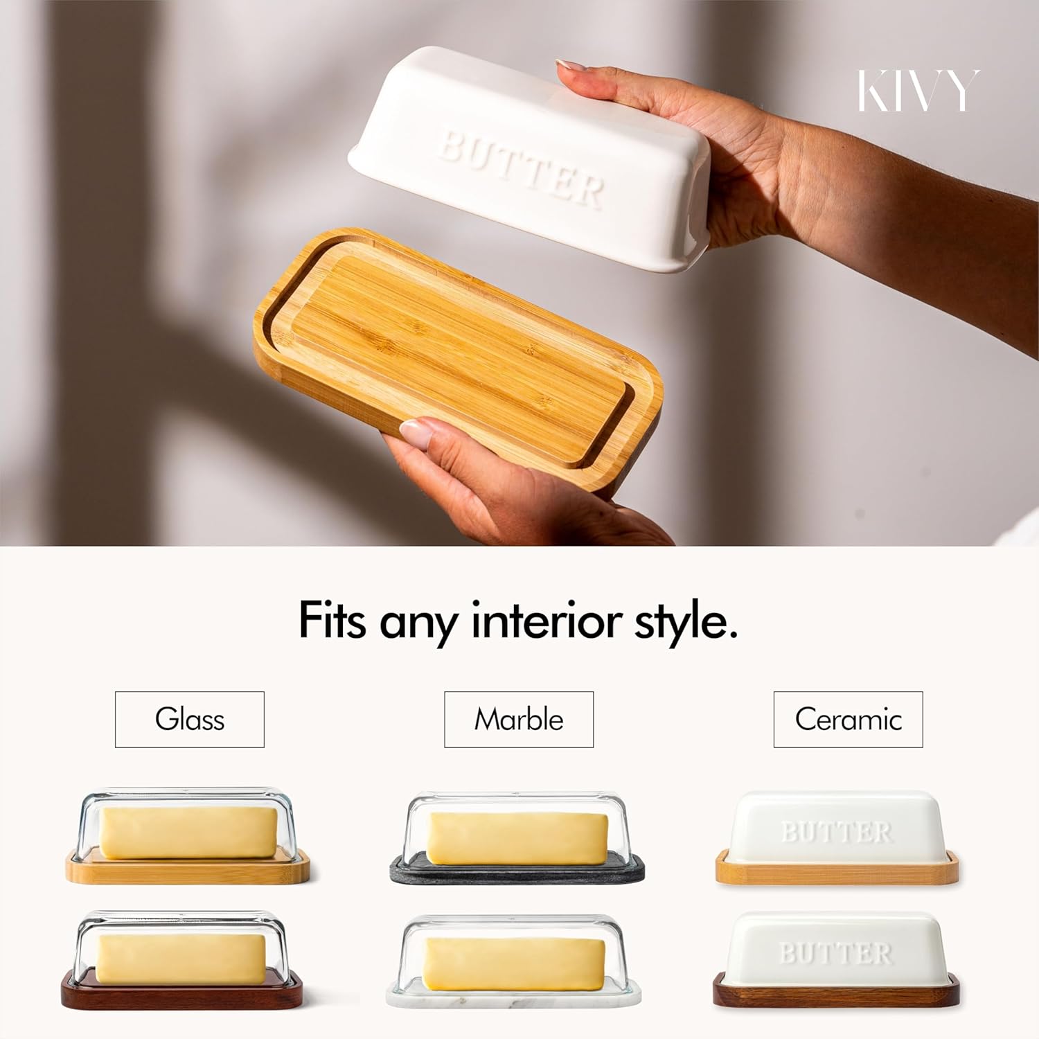 KIVY Glass butter dish with airtight lid that keeps butter soft - For countertop and refrigerator door shelf - Butter tray fridge - Butter holder for counter - Covered butter dishes with lid