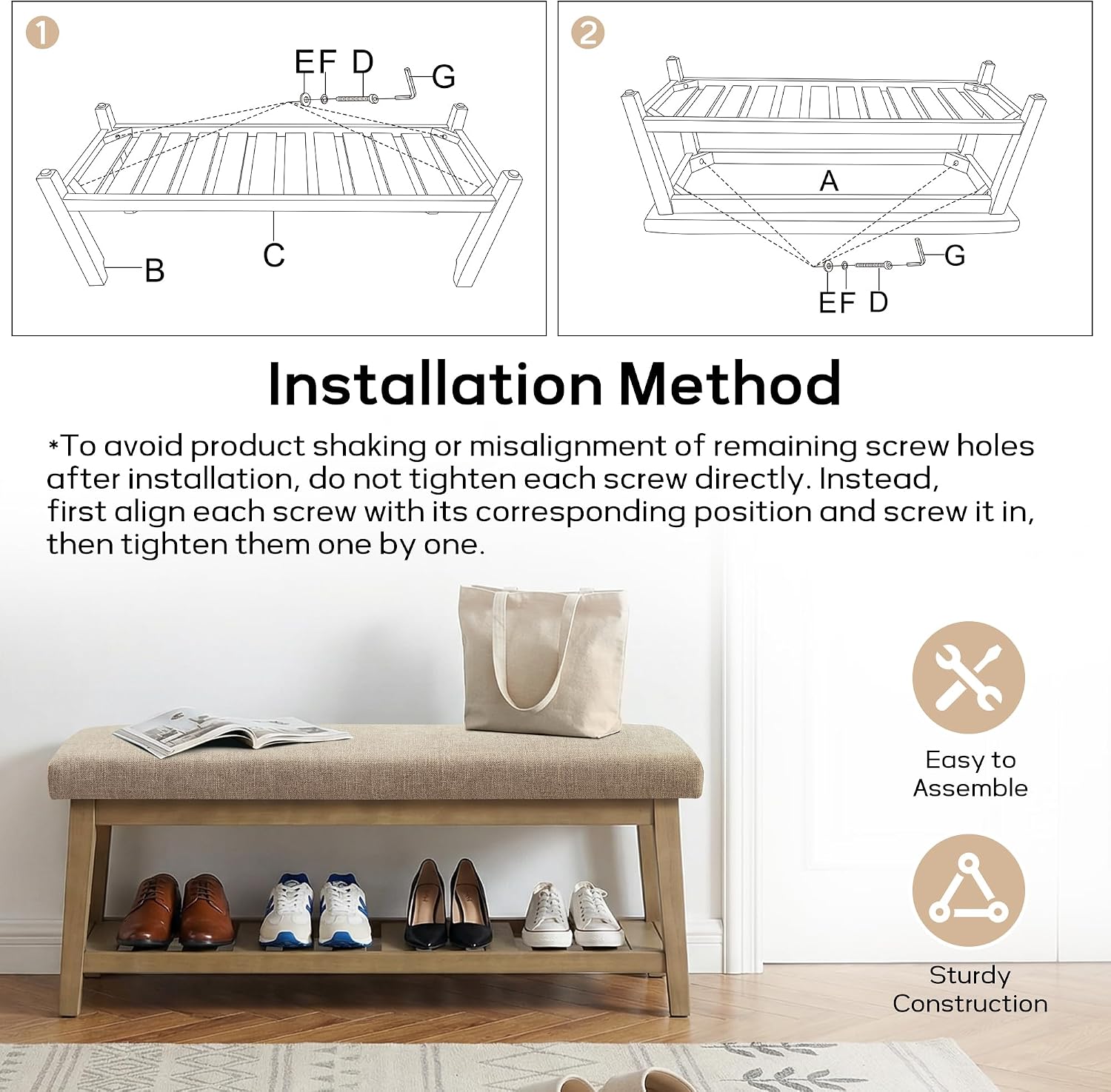 Entryway Bench with Cushion, Upholstered Shoe Rack Bench with Solid Wood Shelf, 44" End of Bed Bench for Bedroom, Chenille Fabric Storage Bench for Entryway, Hallway, Living Room (Brown)