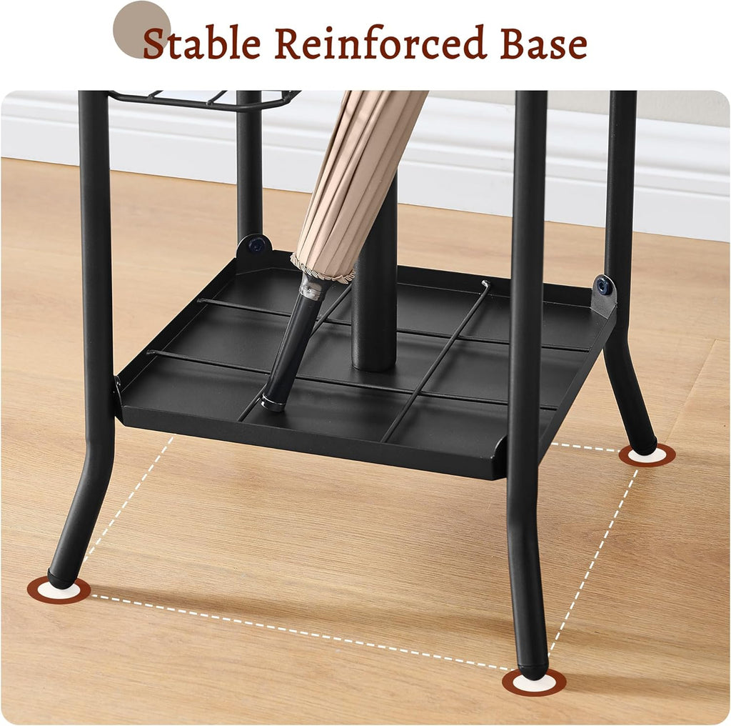 FAVOOSTY Coat Rack Freestanding,Coat Rack Stand with Umbrella Holder,Metal Coat Tree with 12 Hooks,Tree Clothes Hat for Entryway, Hallway, Bedroom, Living Room & Office -Black