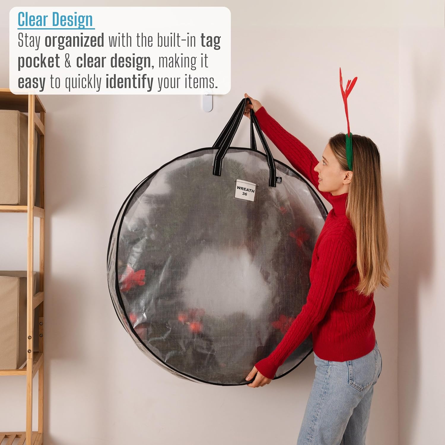VENO 4 Pack Christmas Wreath Storage Container - 36 Inch Clear Wreath Bag, Christmas Garland and Holiday Decoration Organizers with Zipper and Durable Handles (Clear, 36"-4 Pack)