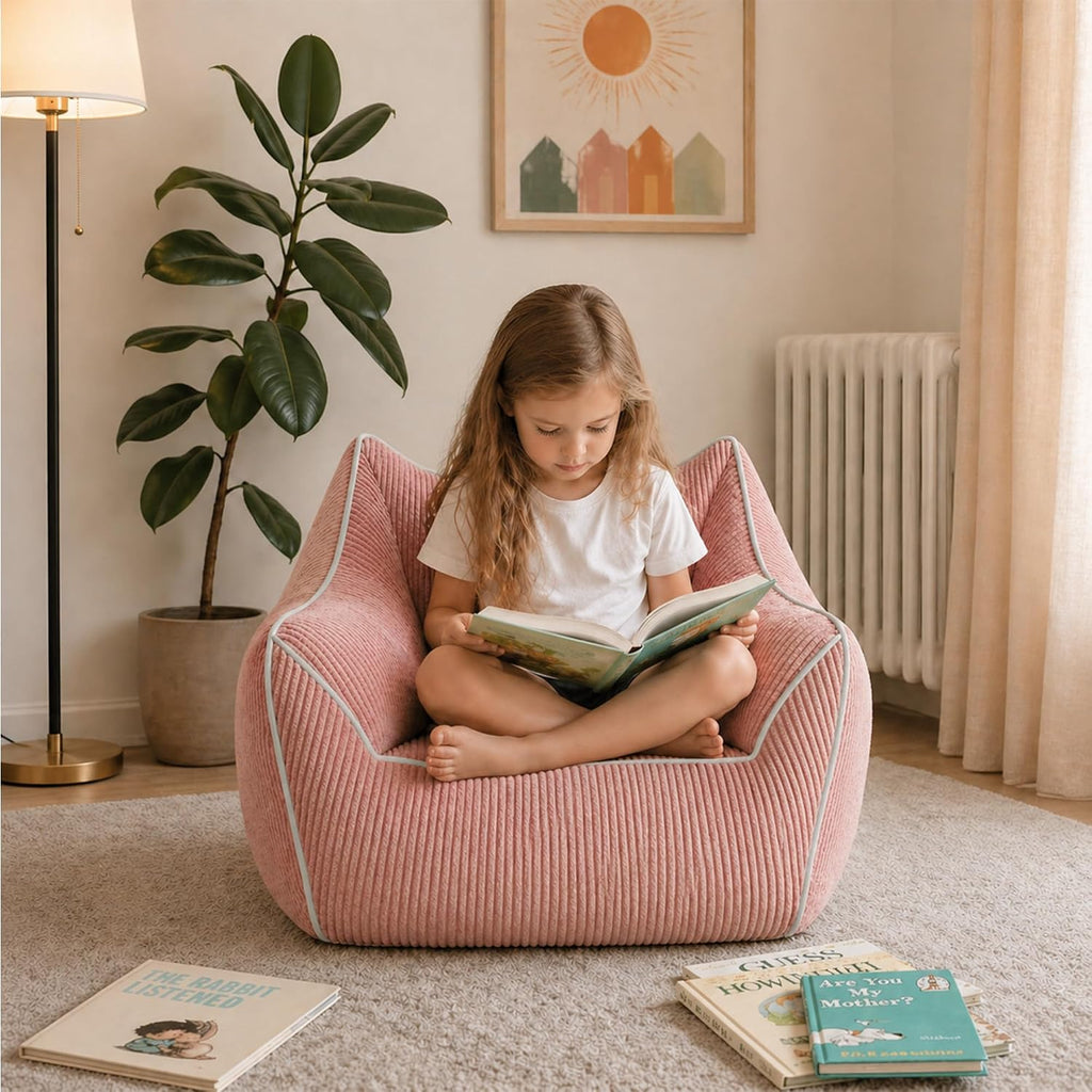 Pink Kids Bean Bag Chair, Stuffed Kids Bean Bag Sofa with Filler Corduroy Bean Bag Seat for Girls, Small Comfy Lazy Sofa Lounge Chair with Armrests and Back Support for Gaming, Reading, Pink