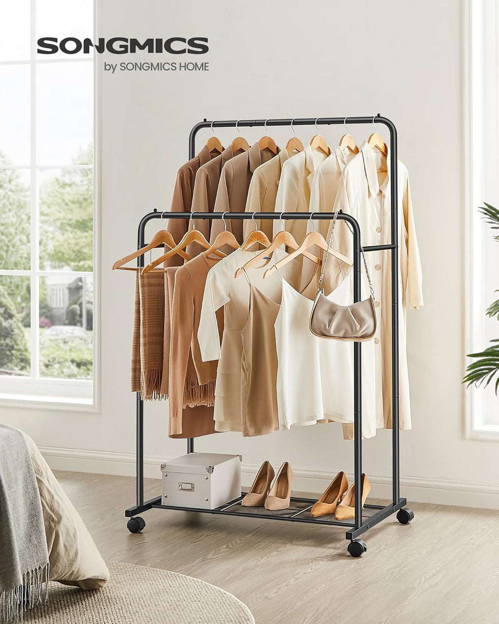 SONGMICS Double Rods Clothes Rack with Wheels, Clothing Rack for Hanging Clothes, Heavy Duty Garment Rack with Mesh Storage Shelf, 2 Brakes, Each Top Rail Holds up to 77 lb, Black UHSR26BKV1