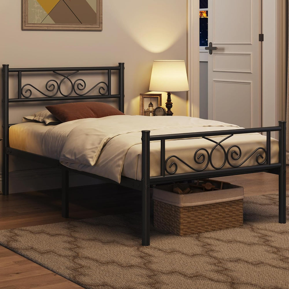Yaheetech Twin Metal Bed Frame with Scroll Headboard and Footboard Black