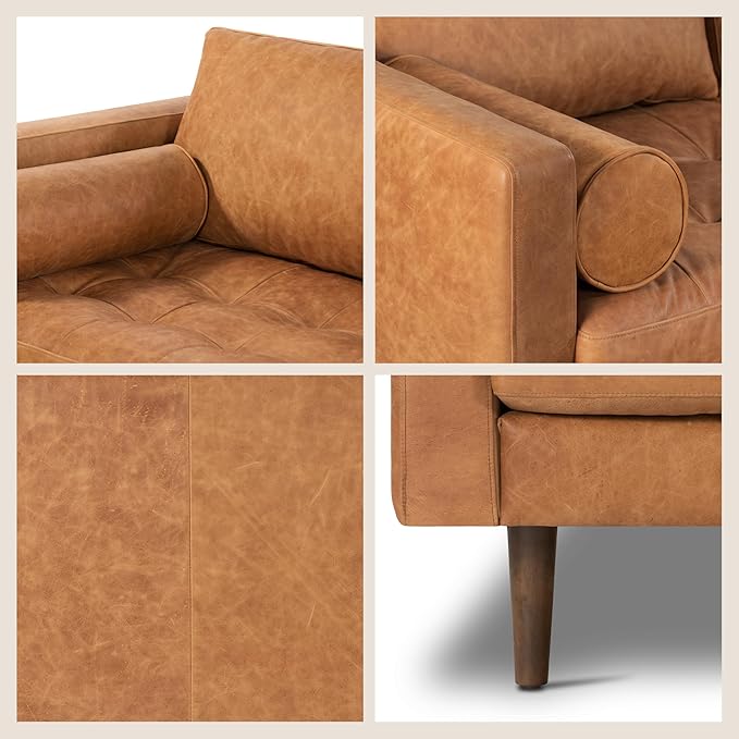 Poly & Bark Napa Leather Couch - Right Facing Sectional Sofa with 2 Bolsters - Full-Grain Leather Sofa for Living Room with Feather-Down Topper - Corner Couch - Vintage Italian Leather in Cognac Tan