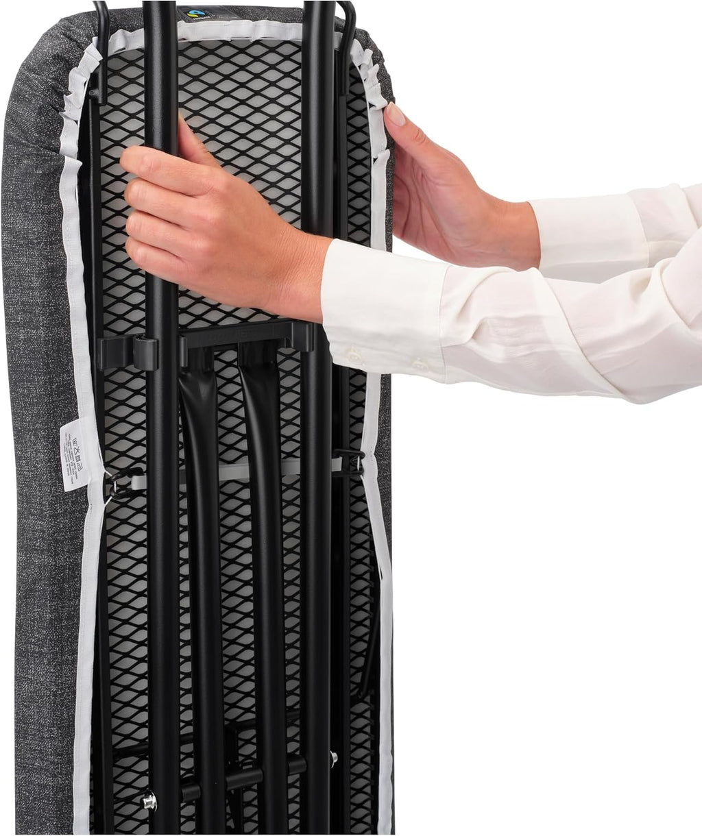 Brabantia Size A Compact Small Ironing Board (43x12 in) 7 Height Options, Adjustable Steam Iron Rest Holder (Denim Gray) Non-Slip Feet, Anti-Collapse Child Locks