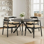 Farini Mid Century Modern Dining Chairs Set of 4, Solid Wood Frame Kitchen Chairs with Woven Upholstered Seat for Dining Room & Breakfast Nook,Black-Beige