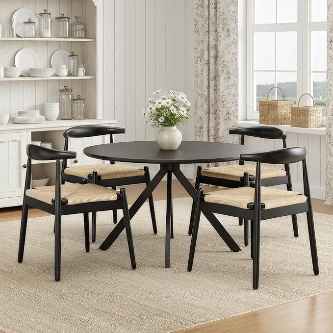 Farini Mid Century Modern Dining Chairs Set of 4, Solid Wood Frame Kitchen Chairs with Woven Upholstered Seat for Dining Room & Breakfast Nook,Black-Beige