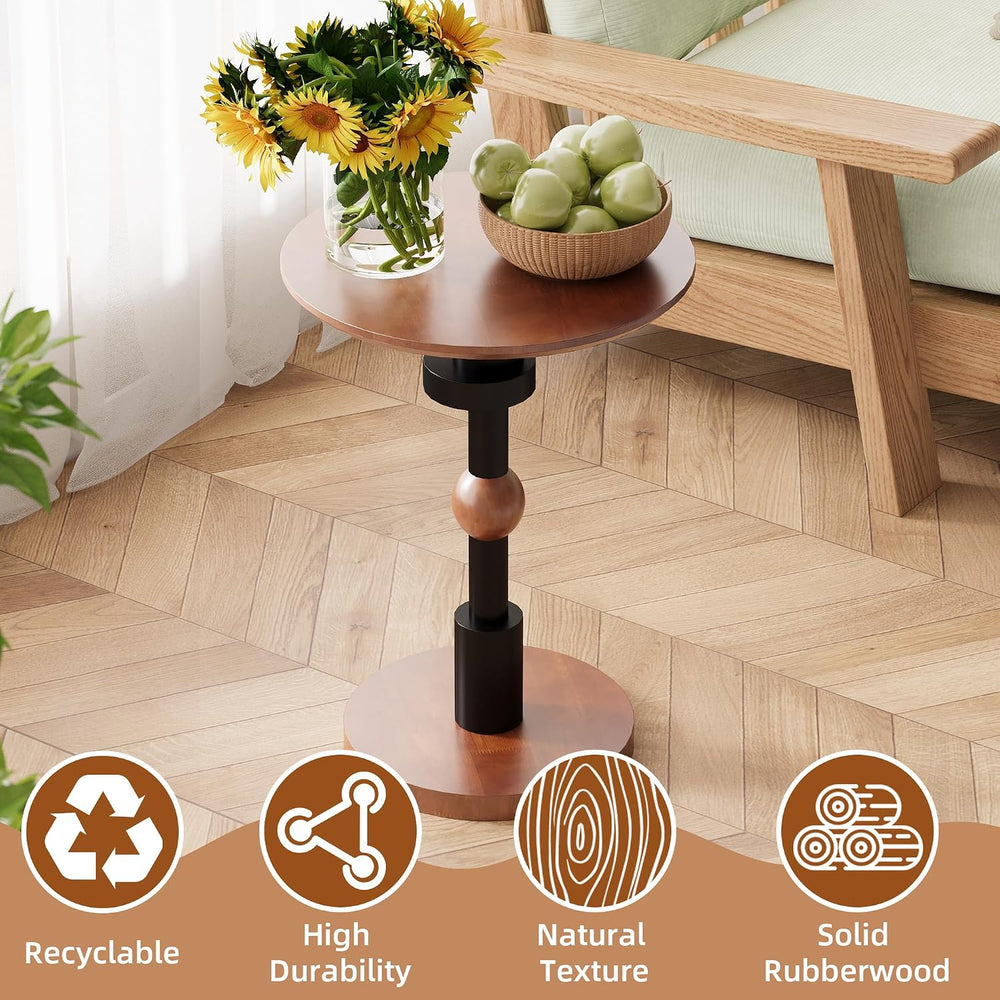 Round End Table, 100% Solid Wood Mid Century Modern Pedestal Side Table, Smal...