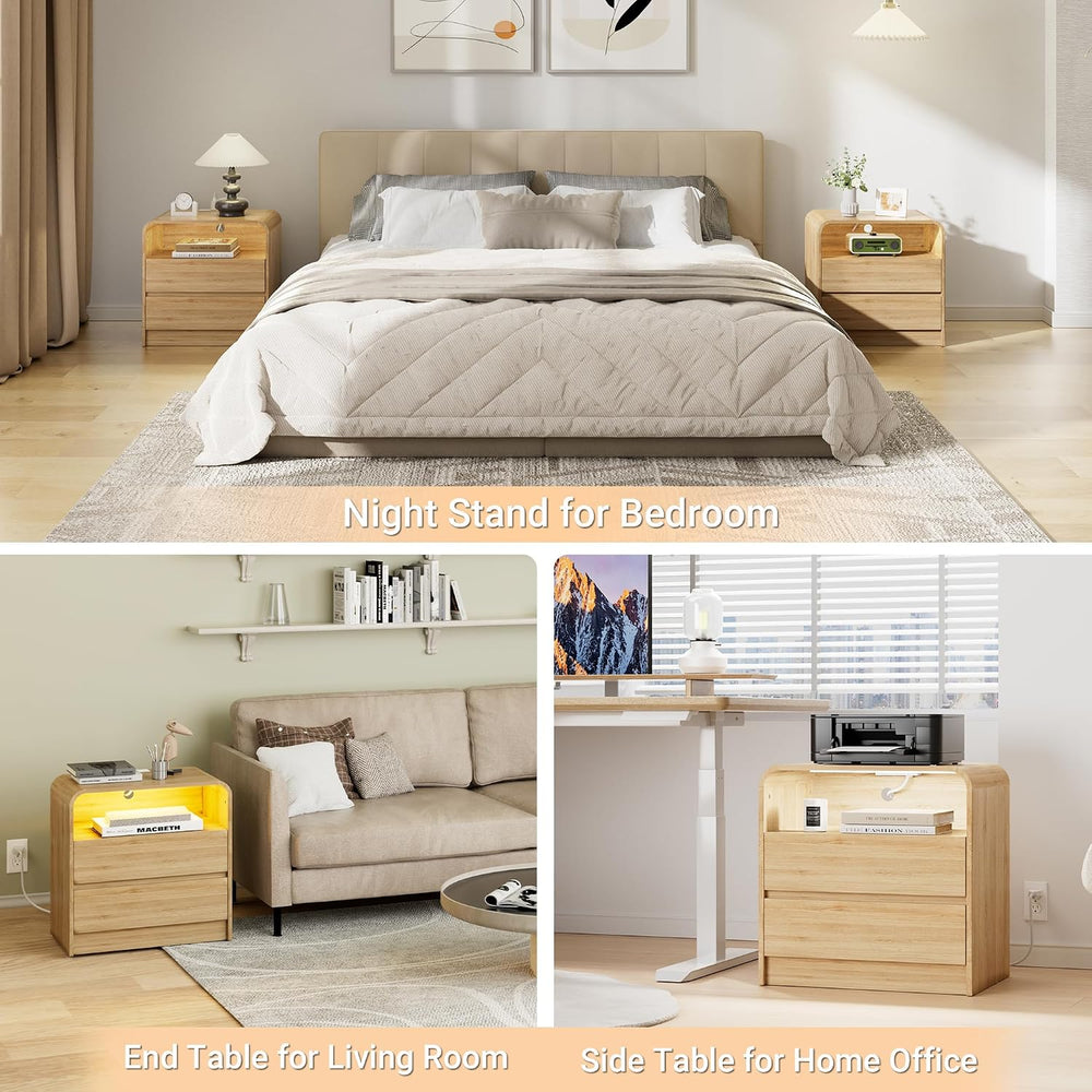 23"W 2 Drawer Nightstand with Charging Station and RGB LED Light | Curve...