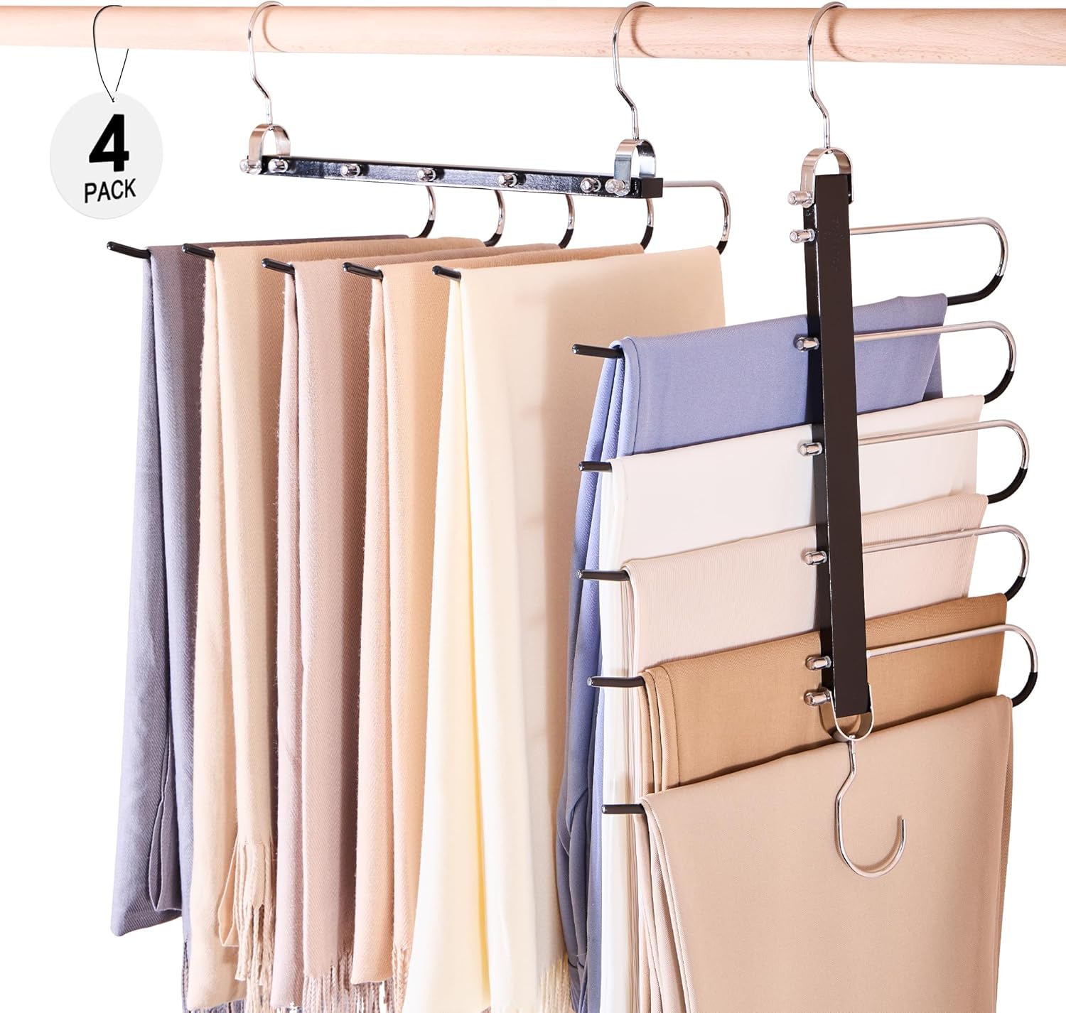 HOUSE DAY Pants Hangers Space Saving, Wood Jean Hangers for Closet, Non Slip Multi Functional Pants Rack Hanger Multiuse Pant Organizer for Closet Space Saving Hangers for Pants (4PACK, Black)