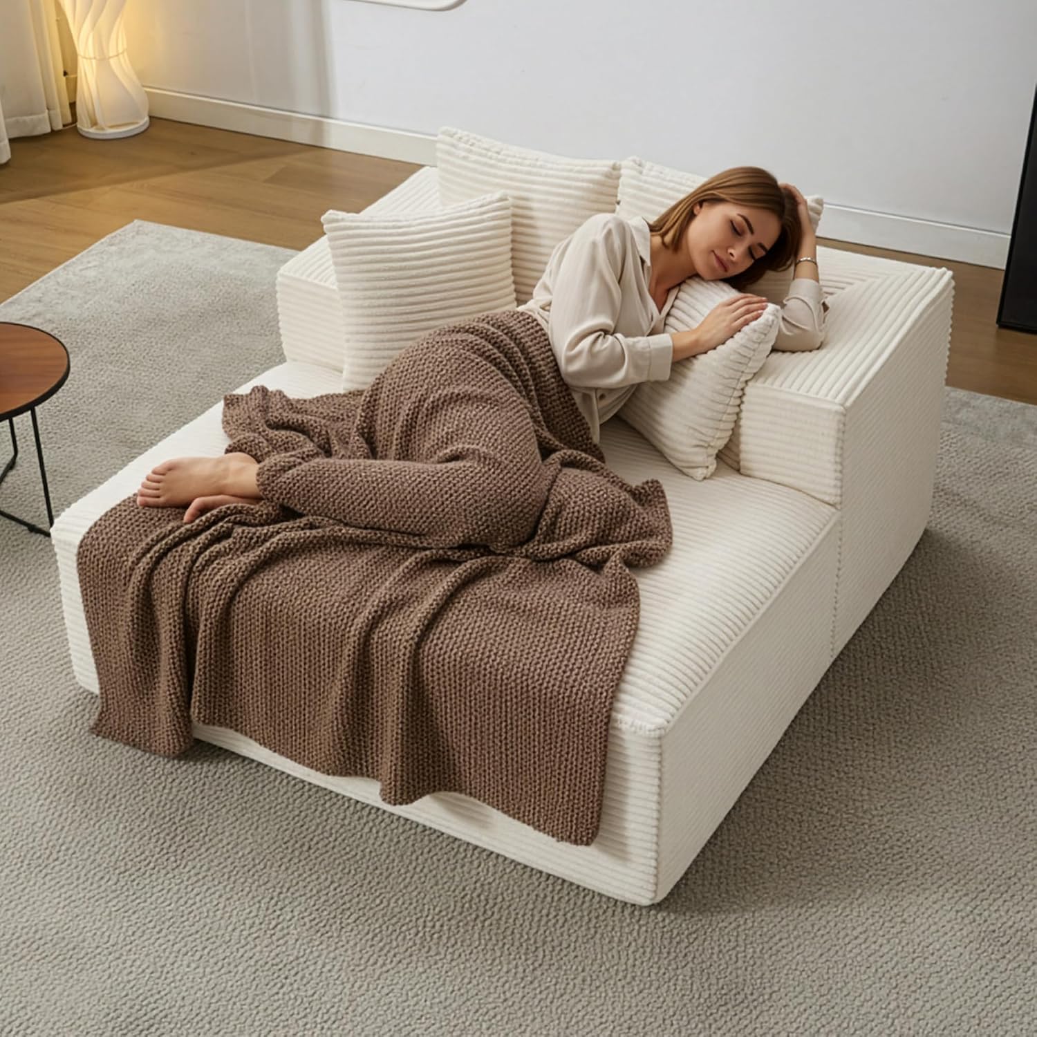 Qulomvs 57" Oversized Chaise Lounge Chair Indoor, No Assembly Boneless Couch, Corduroy Upholstered Sofa Bed, Deep Seat Comfy Reading Chair, Cloud Sleeper Couch for Living Room, Bedroom (Beige)