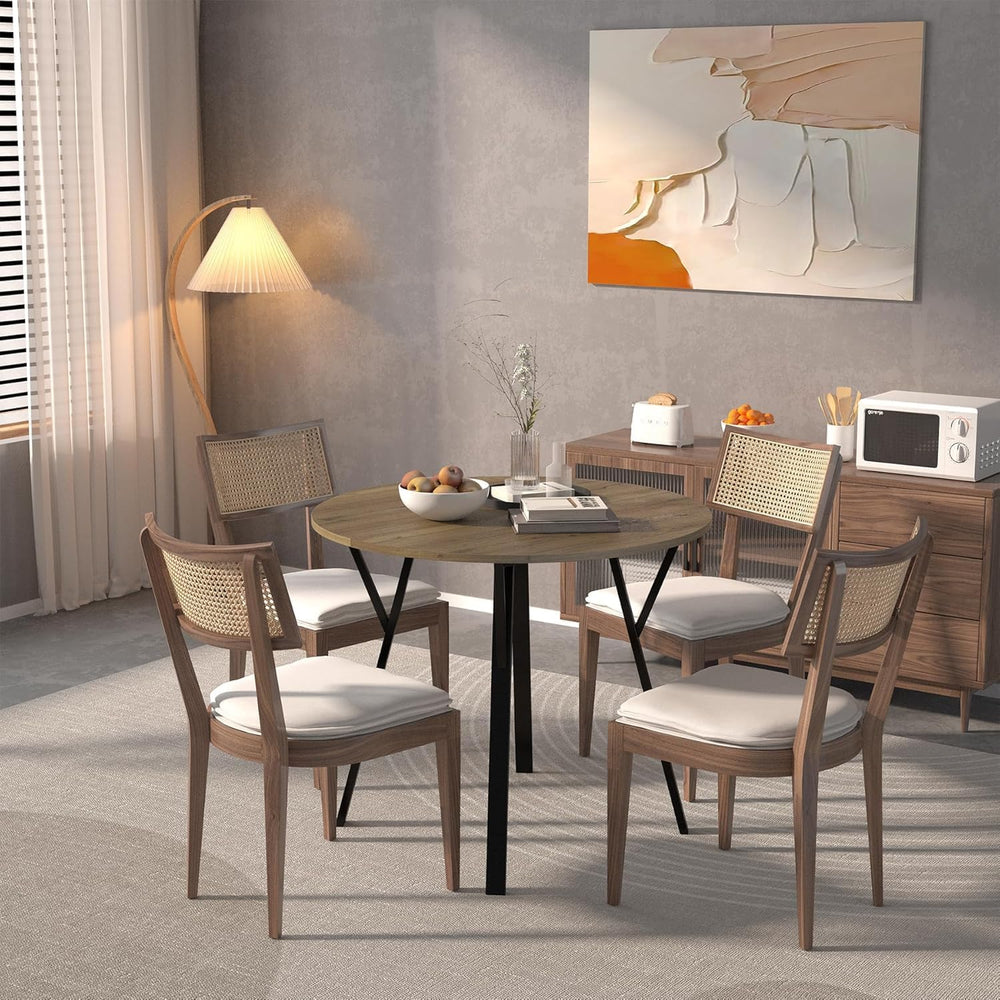 Round Dining Table with Metal Black Legs,35.43 Inch Circle Brown Kitchen Tabl...