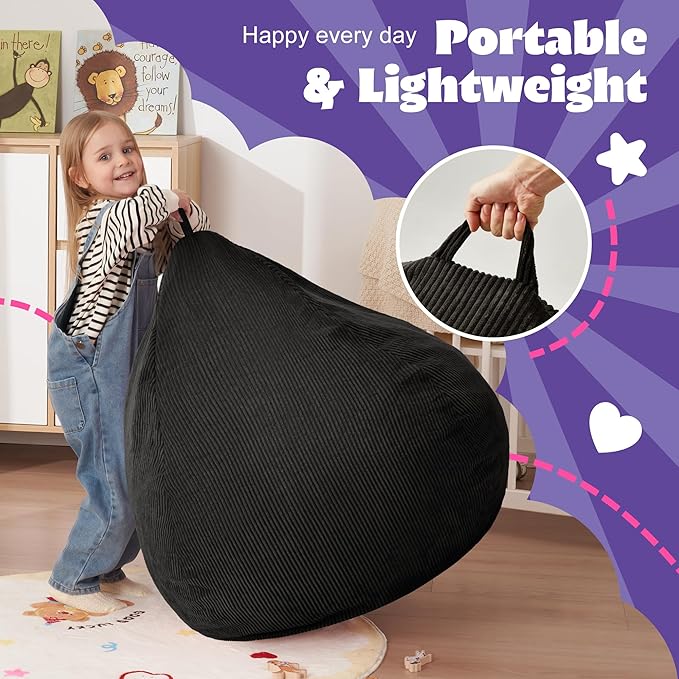 HABUTWAY 2 FT Bean Bag Chair,Giant Bean Bag Chairs,Big Bean Bags with Memory Foam Filled, Large Beanbag Chairs with Soft Corduroy Cover-Black
