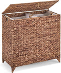 Handwoven Large Laundry Hamper with Lid and 2 Removable Liner Bags, Heightened Feet Natural Hyacinth Clothes Hamper,Wicker Laundry Basket for Clothes and Towels