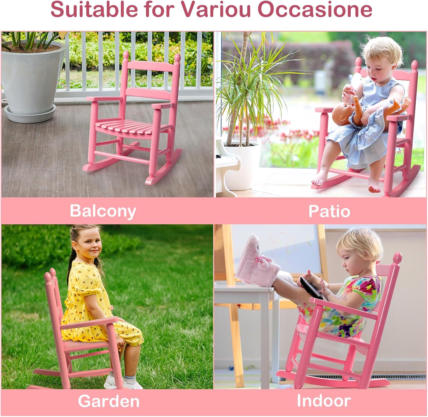 Kids Rocking Chair, Design Support Ages 3-6 for Outdoor, Pink | Solid Wood Toddler Baby Rocker, High Backrest & Rounded Armrests and Ergonomic, Living Room or Reading Room Use