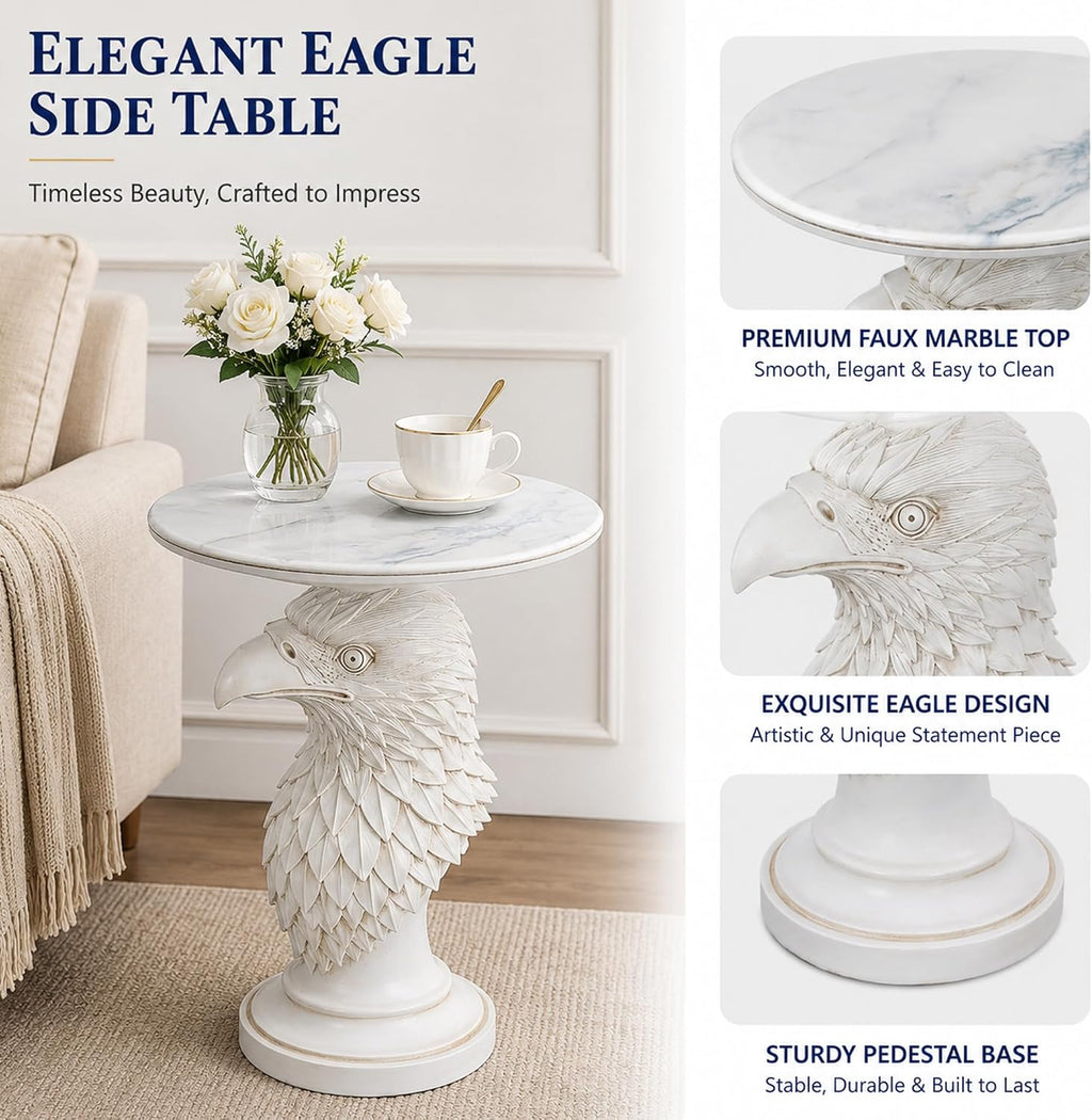 Modern Ivory Eagle Accent Table - 24.41" Minimalist White Resin Eagle Head Pedestal Table with 17.72" Round Faux Marble Top, Unique Animal Art Sculpture Side Table for Chic Home Decor, 24.25 LBS