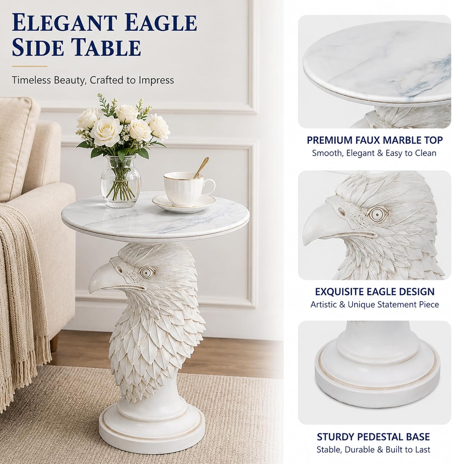 Modern Ivory Eagle Accent Table - 24.41" Minimalist White Resin Eagle Head Pedestal Table with 17.72" Round Faux Marble Top, Unique Animal Art Sculpture Side Table for Chic Home Decor, 24.25 LBS