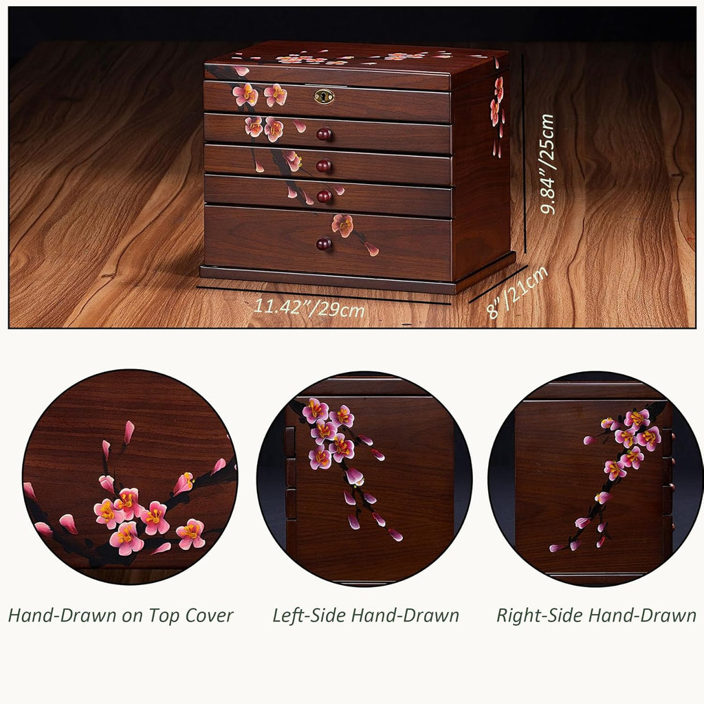 Vintage Wooden Jewelry Boxes with Lock & Key - Hand-Painted Large Jewelry Organizer, 6-Layer jewelry organizers and storage, Rustic Tabletop Jewelry Storage Box for Women/Men