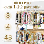 LadyRosian 3-Tier Wooden Rotating Jewelry Display Stand | Bracelet & Keychain Organizer with Advertising Board | 48 Hooks Rustic Holder for Vendor Booth & Stores (3-Tier Square Slot Display)